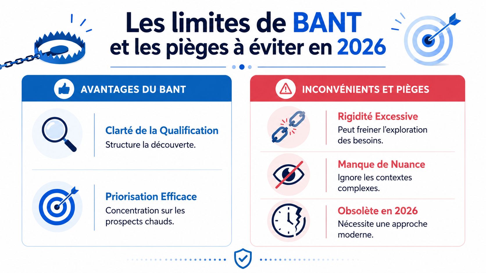 Infographie présentant les avantages et les limites de la méthodologie de qualification commerciale BANT en 2026.