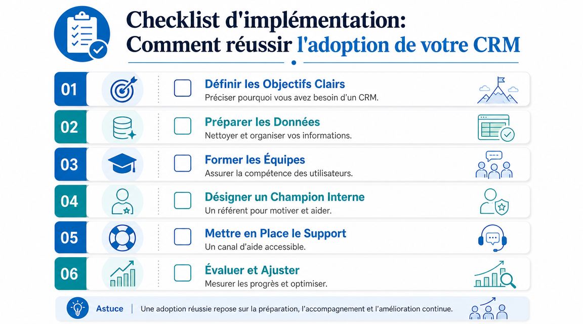 Une checklist pour l'adoption d'un logiciel CRM comprenant six étapes clés pour réussir sa mise en œuvre.