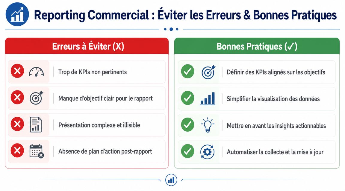 Infographie présentant les erreurs à éviter et les bonnes pratiques pour réussir un reporting commercial efficace en entreprise.