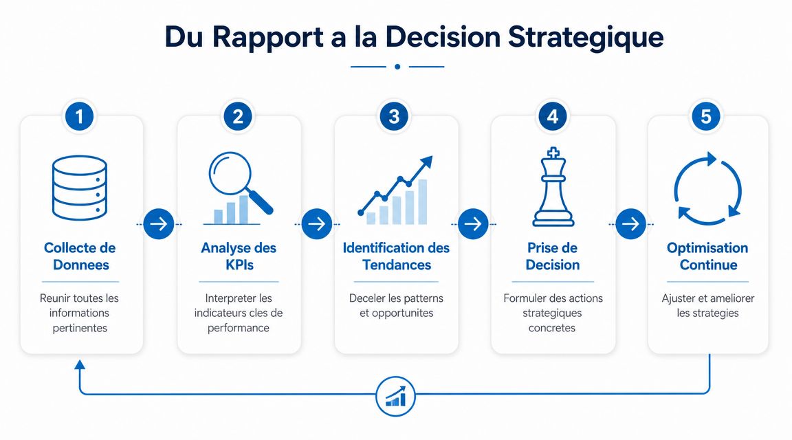 Un schéma en cinq étapes illustrant le processus de transformation des rapports de données en décisions stratégiques.
