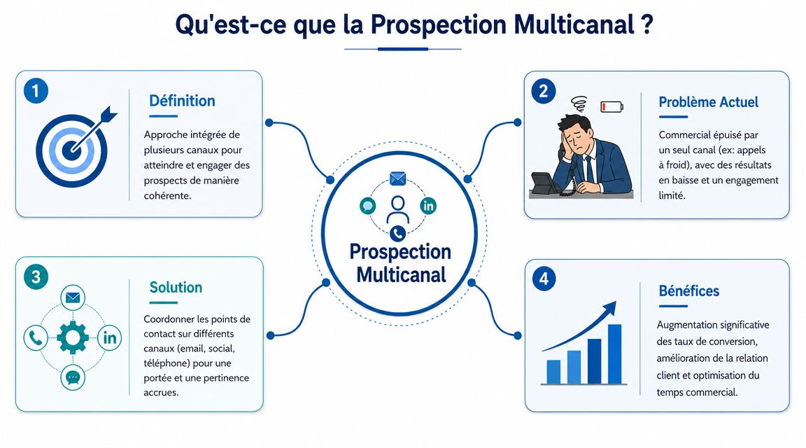Infographie illustrant le concept de la prospection multicanal avec ses définitions, problèmes, solutions et avantages clés.
