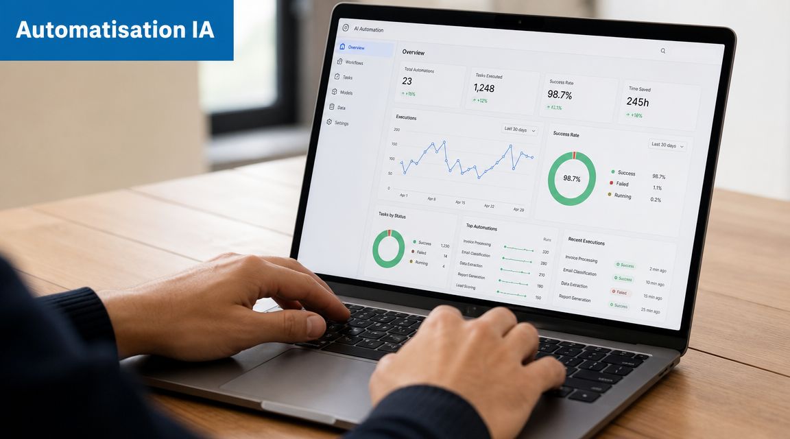 Une personne utilisant un ordinateur portable affichant un tableau de bord analytique pour l'automatisation par intelligence artificielle.