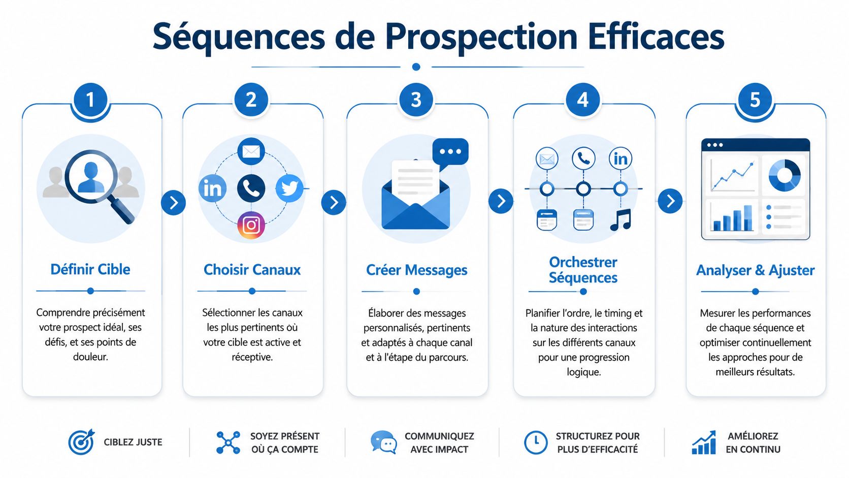 Infographie illustrant les cinq étapes clés pour créer une séquence de prospection commerciale multicanale efficace.