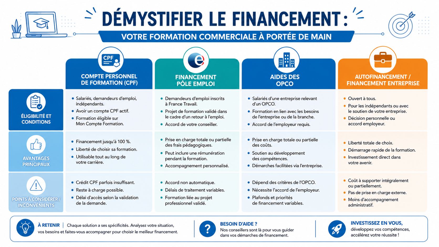 Tableau récapitulatif présentant les différentes options de financement pour suivre une formation commerciale professionnelle.