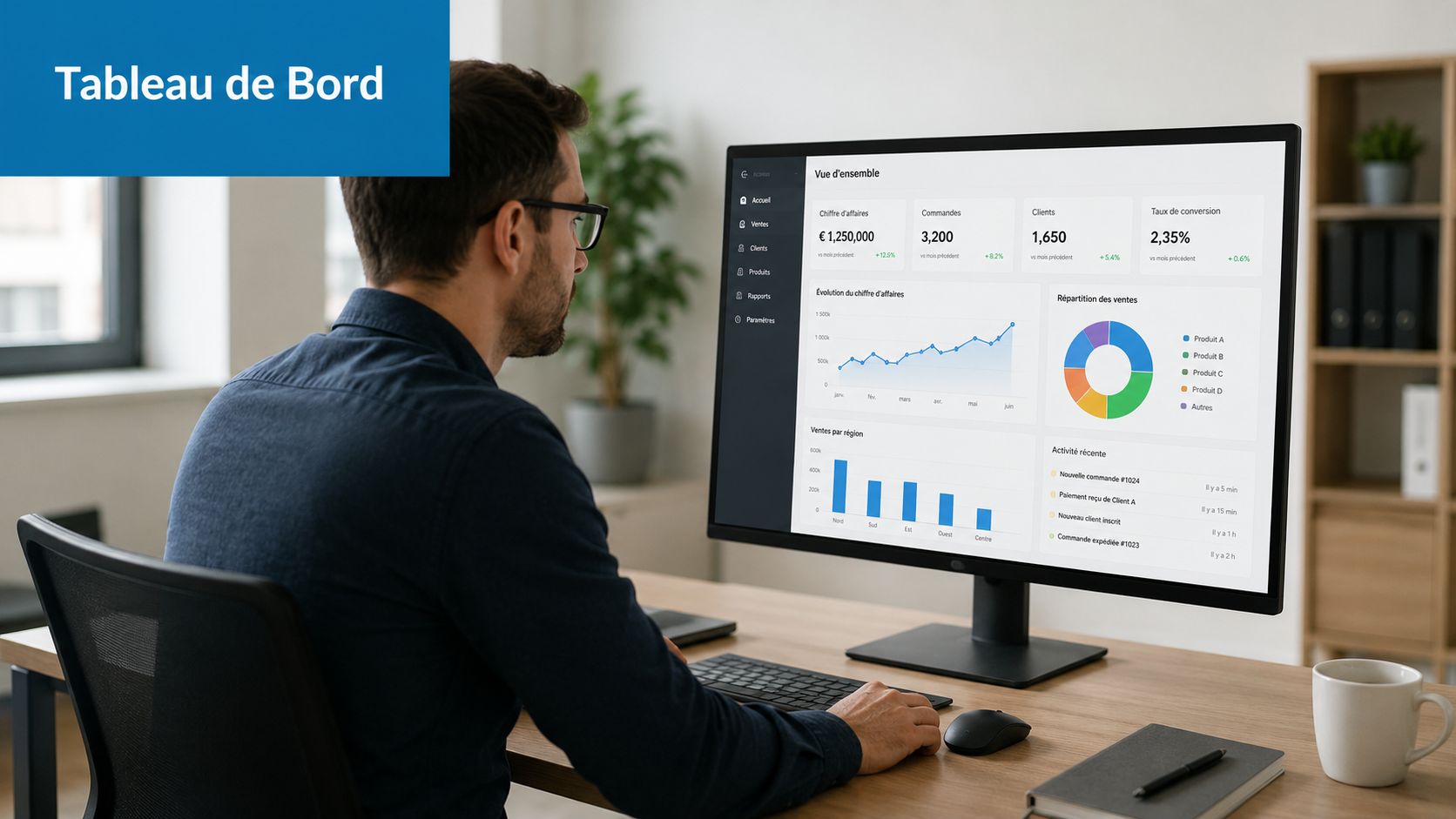 Un homme travaillant sur un ordinateur affichant un tableau de bord analytique et commercial au bureau.