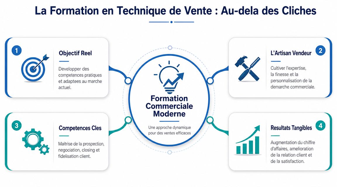 Infographie présentant les quatre piliers d'une formation moderne en techniques de vente pour améliorer les performances commerciales.