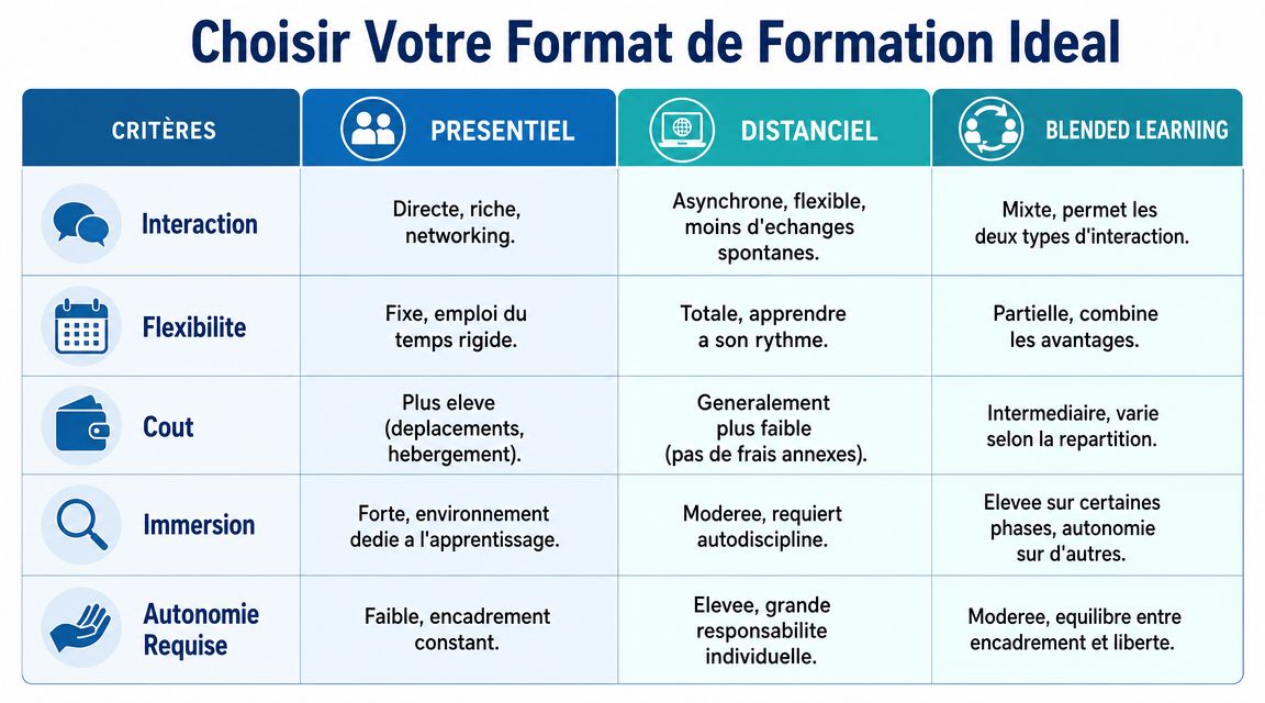 Tableau comparatif des trois formats de formation : présentiel, distanciel et blended learning selon divers critères.