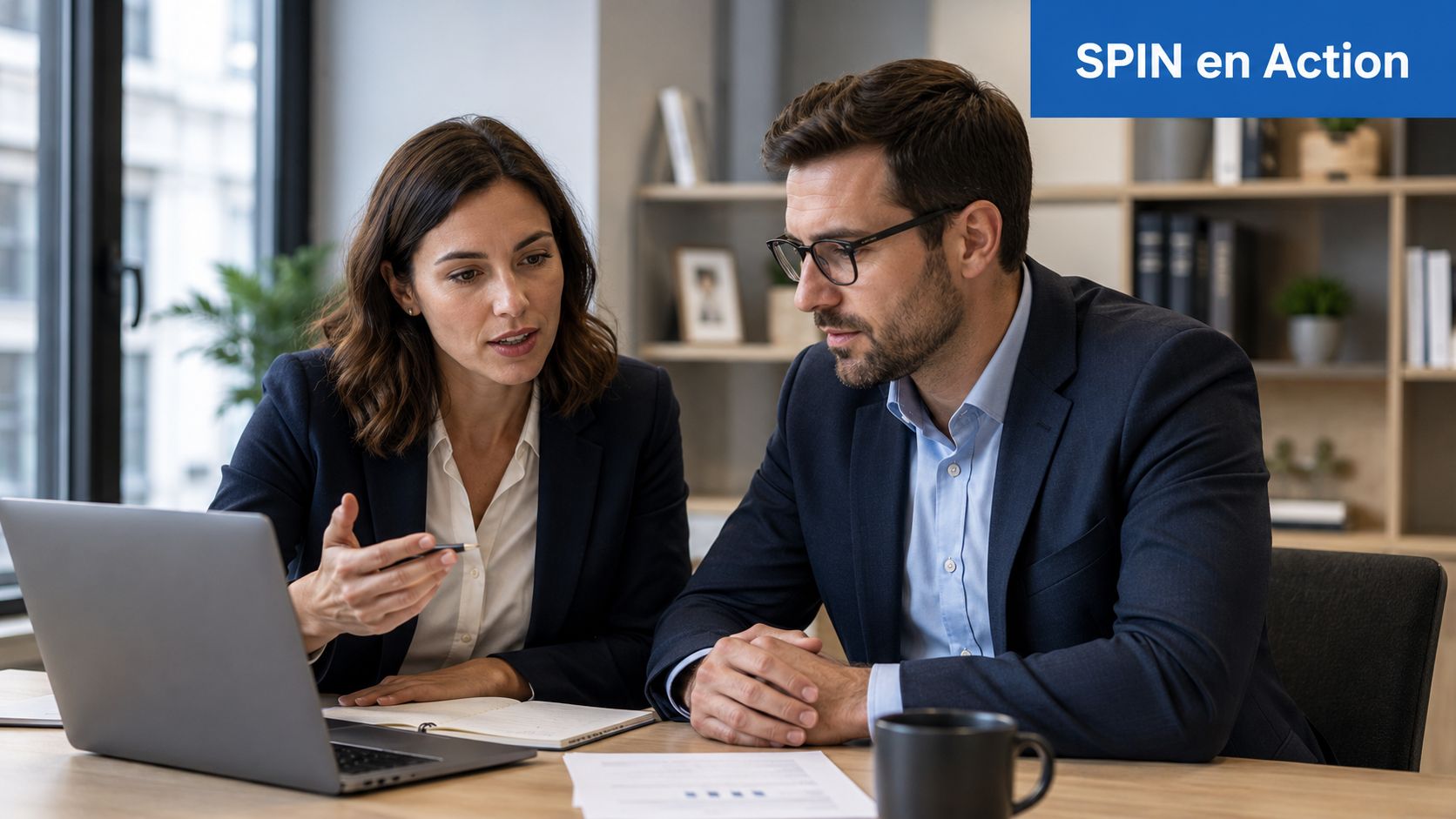 Deux professionnels en tenue de bureau travaillent ensemble sur un ordinateur portable dans un environnement de bureau moderne.