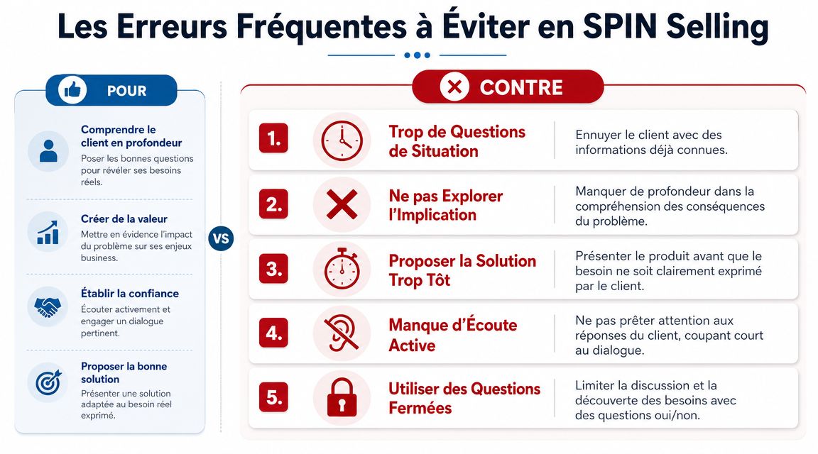 Infographie comparant les meilleures pratiques et les erreurs fréquentes à éviter lors d'une démarche SPIN Selling.