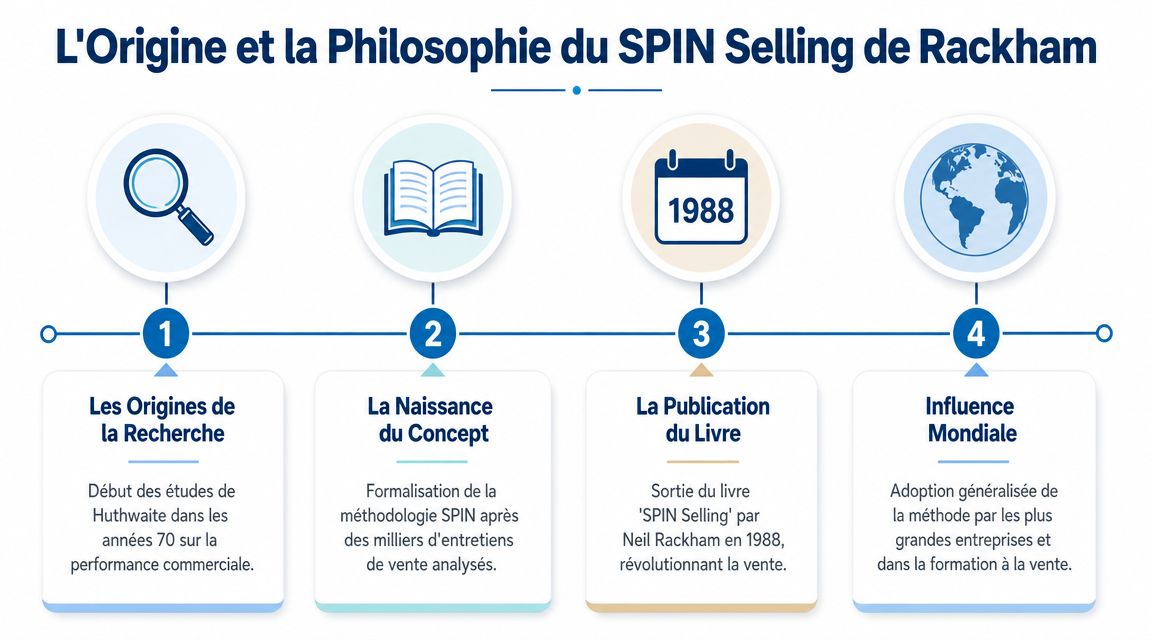 Infographie illustrant les quatre étapes clés de l'origine et de la philosophie de la méthode SPIN Selling.
