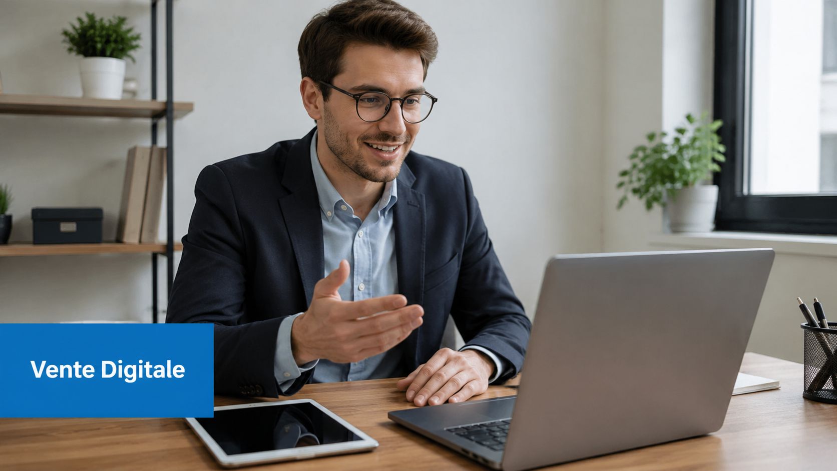 Un homme d'affaires souriant avec des lunettes travaillant sur son ordinateur portable lors d'une visioconférence au bureau.