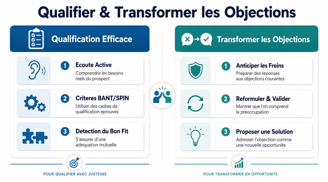 Infographie illustrant les étapes clés pour qualifier efficacement ses prospects et transformer les objections en opportunités commerciales.