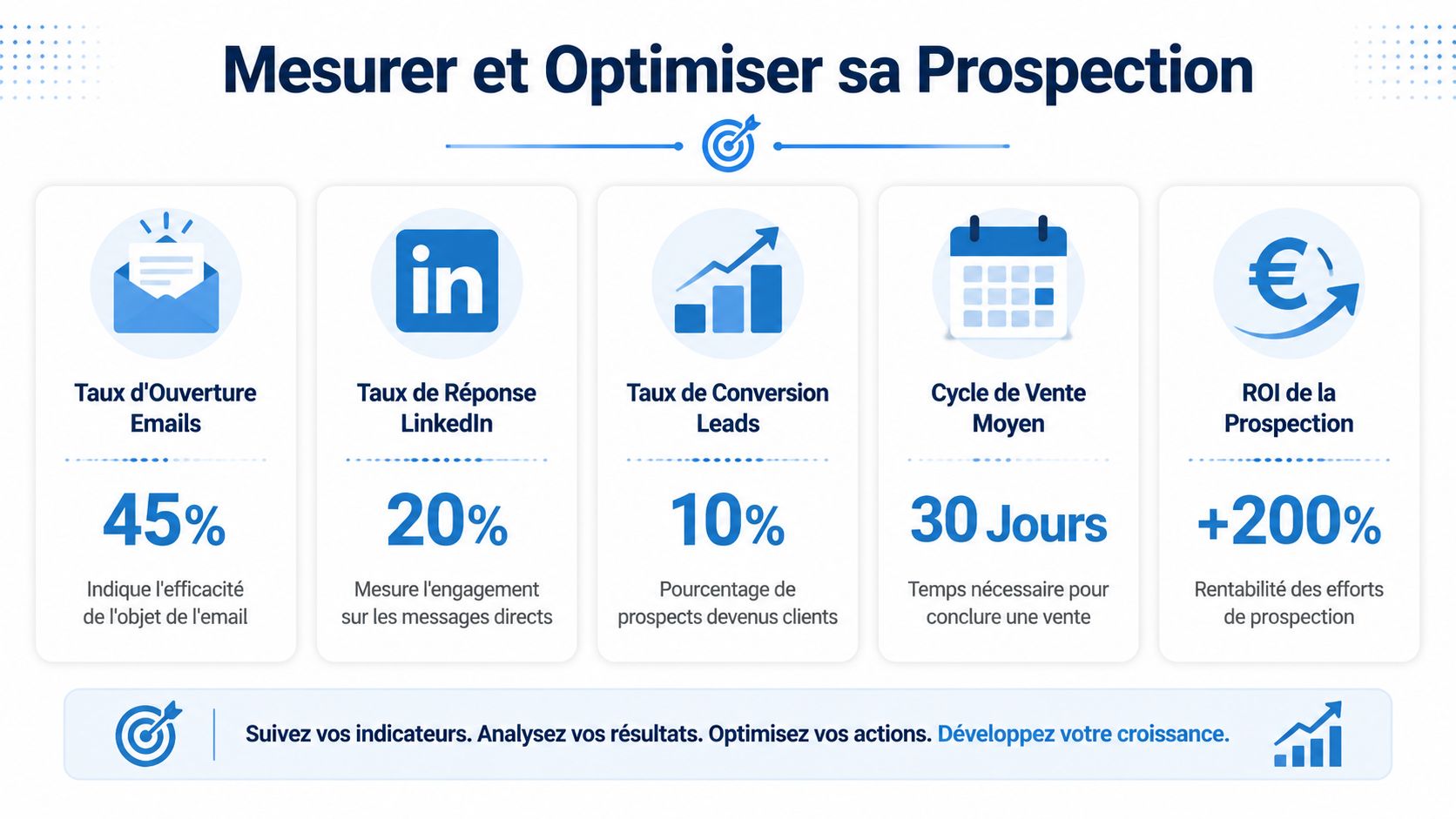 Infographie présentant cinq indicateurs clés pour mesurer et optimiser efficacement sa prospection commerciale B2B
