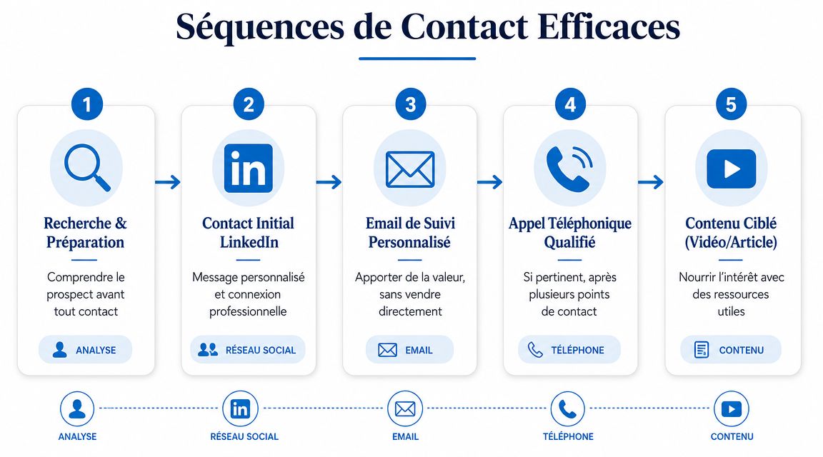 Un schéma en cinq étapes illustrant une séquence efficace de prospection commerciale avec des outils numériques.