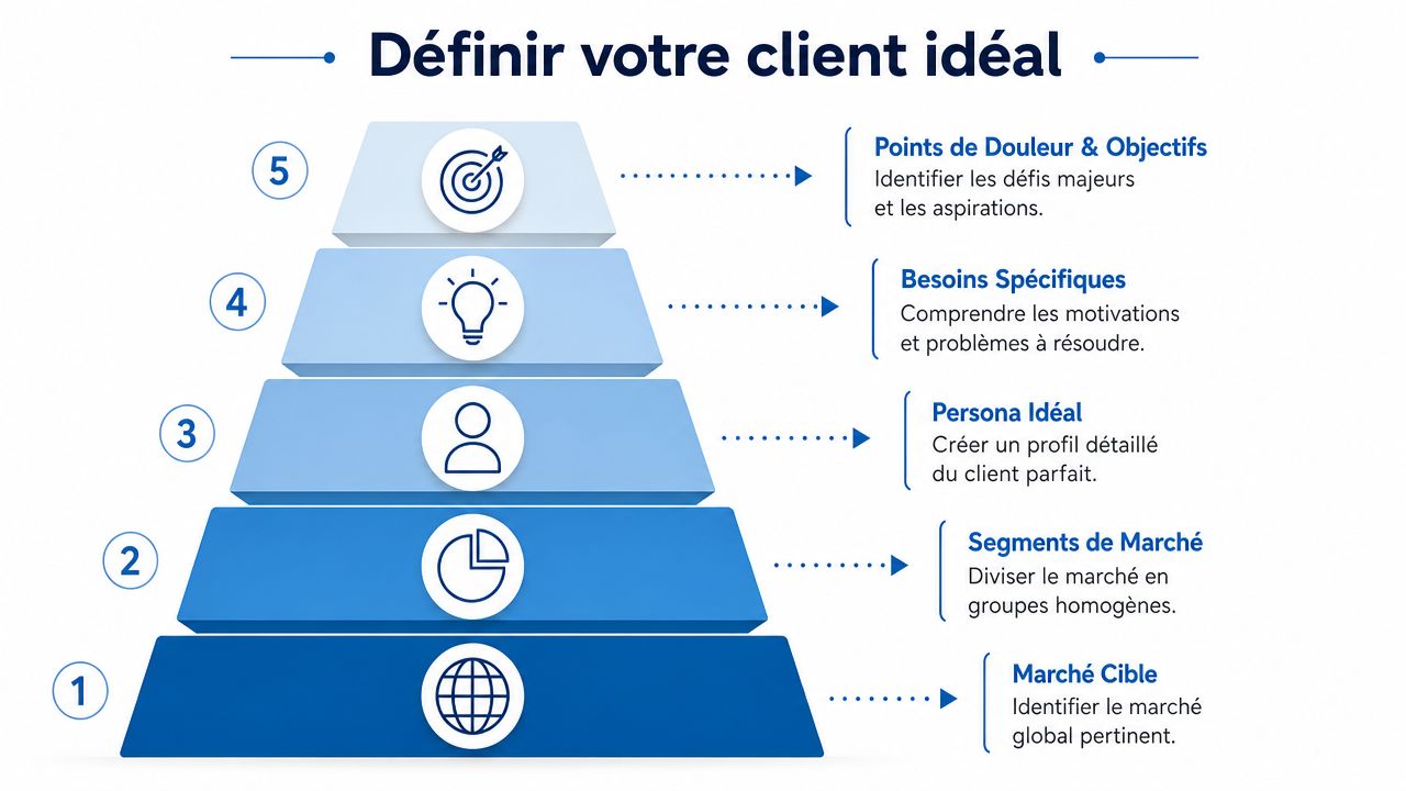 Une pyramide à cinq étapes illustrant les étapes pour définir votre client idéal avec succès.