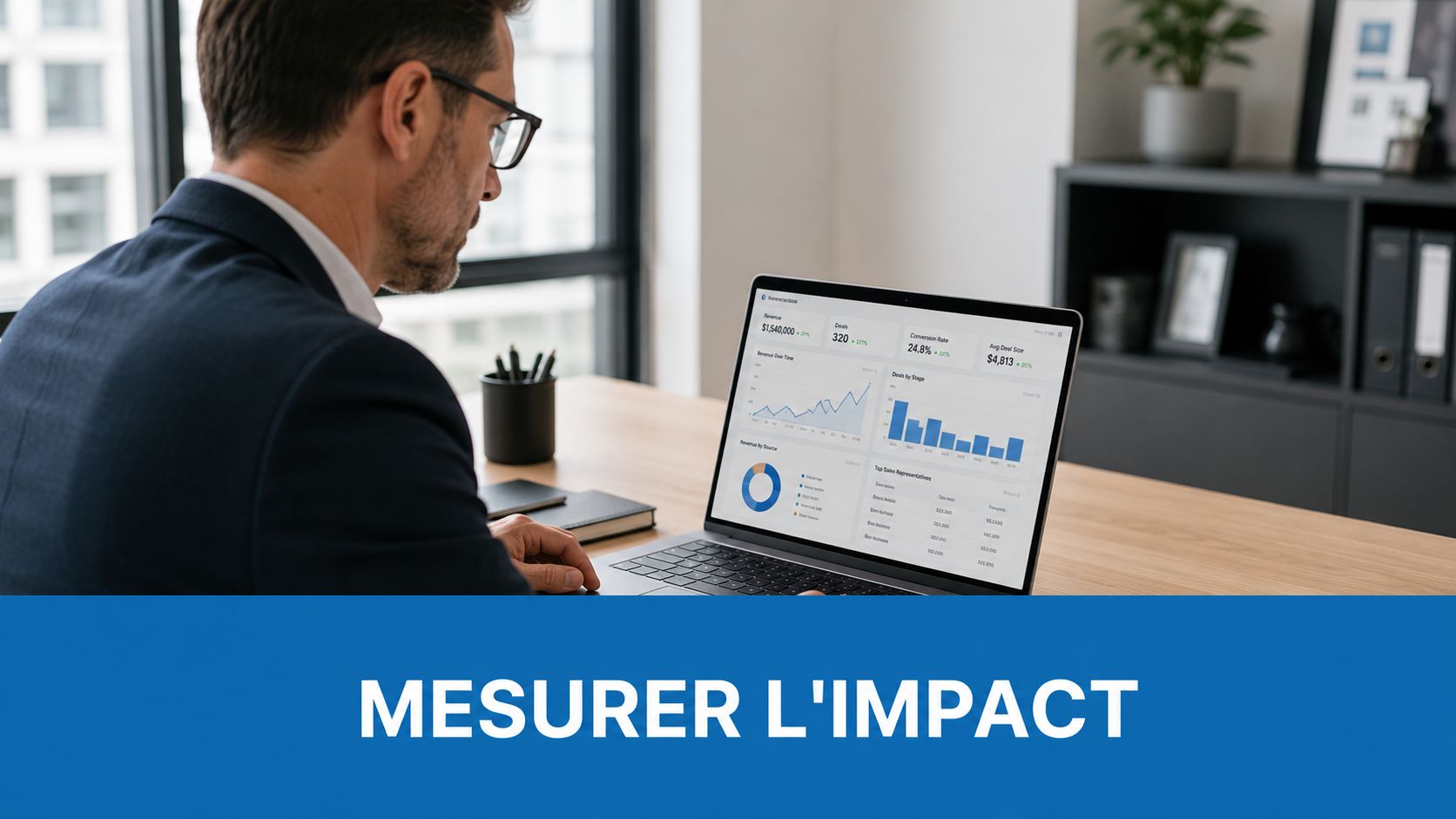 Un homme d'affaires en costume travaillant sur un ordinateur portable affichant des graphiques de performance commerciale analytiques.
